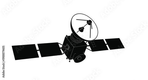 A black and white illustration depicting a satellite with a large dish antenna and solar panels