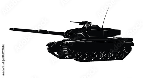 A black silhouette depicts a modern main battle tank showcasing its imposing military form high quality