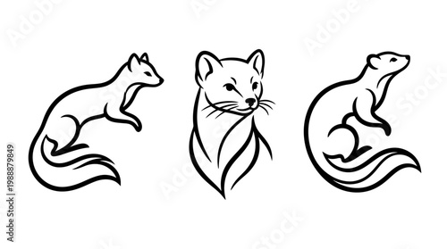 Elegant Black and White Weasel Line Art Illustrations for Design.