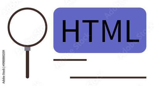 Web development, debugging tools, code analysis, programming education, software development, user interface design. Magnifying glass next to HTML block and lines. Web development and debugging tools