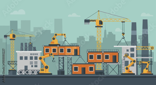 Automated construction site with robotic arms and cranes assembling modular buildings.
