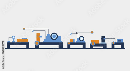 Automated production line with various machinery and conveyor belts in a factory setting.