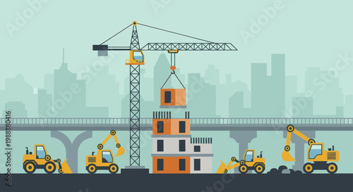 Construction site with crane and heavy machinery building a structure.