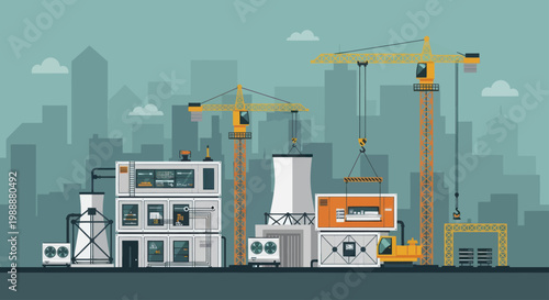 Construction Site with Cranes and Buildings Under Development.