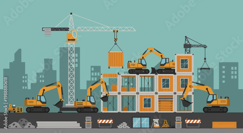 Construction Site with Excavators and Cranes Building with Shipping Containers.