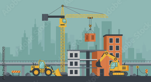 Construction site with heavy machinery and buildings under development.