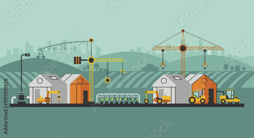 Construction site with houses, cranes, and heavy machinery.