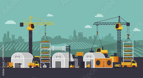 Construction site with various machinery and buildings under development.