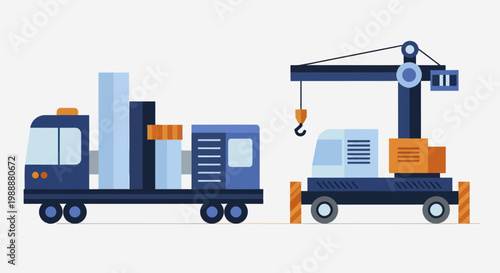 Construction vehicles including a flatbed truck and a crane.