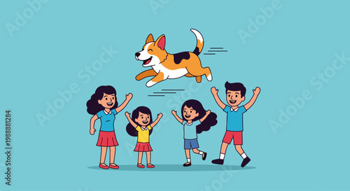 Family Playing with Happy Corgi Dog.
