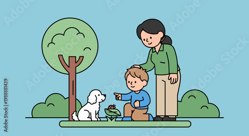 Woman and child with white dog.