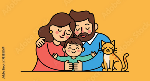 Happy Family With Child And Cat.