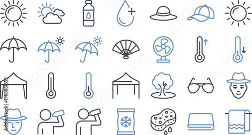 Summer weather icons for heat, sun protection, and hydration