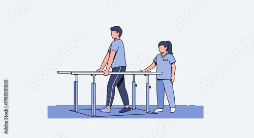 Physical therapy patient walking with parallel bars and nurse support