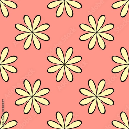 Seamless pattern of drawing yellow flower on orange background for wallpaper, textile, fashion, card, table cloth, cover skin.