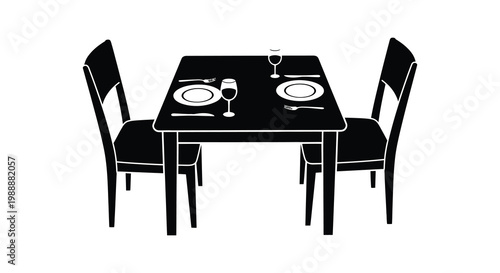 Elegant dinner table setting for two black and white illustration