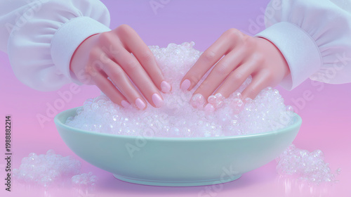 Woman hands washing in foam bowl during manicure skincare routine in spa environment. Close-up cleaning process emphasizes hygiene and beauty care