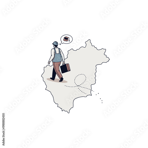 Worker walking on map with graduation cap thought bubble, emigration concept