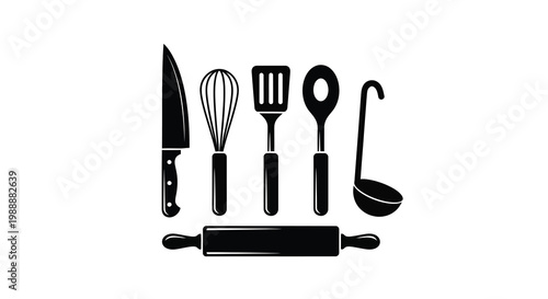 Black silhouette kitchen utensils knife whisk spatula ladle and rolling pin