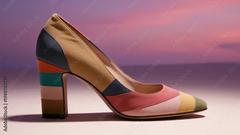 Naklejka premium Color-blocked high-heeled shoe with geometric design against a twilight sky background