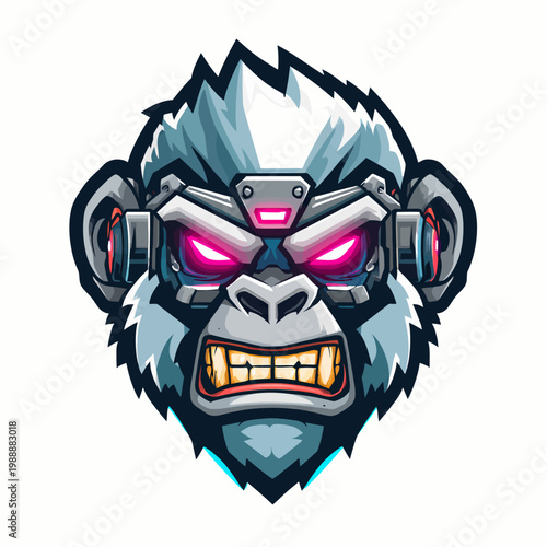 Cybernetic Monkey Mascot Logo Design with Glowing Pink Eyes and Fierce Expression