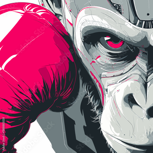 Close-up view of a fierce gorilla wearing a pink boxing glove, an illustration in a modern, graphic style showcasing aggression and strength