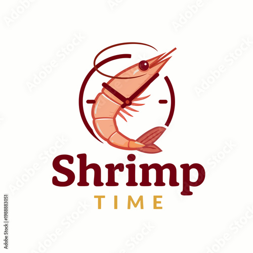 Stylized graphic combining a freshly cooked shrimp with a clock icon, representing a fast and delicious seafood preparation or dining concept