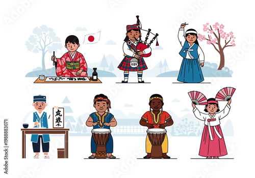 Diverse cultural performers and musicians playing traditional instruments happily together