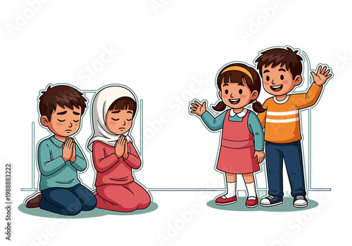 Diverse children in prayer and greeting positions on green mats