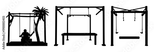 Jungle gym set with black silhouette on white background featuring playground equipment, fitness gear, children with sports activity and outdoor play