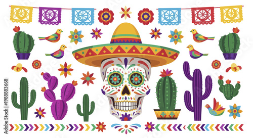 Dia De Los Muertos Sugar Skull With Cactus And Mexican Decorations.