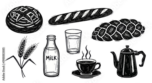 Hand drawn sketch of various breakfast food and drink items.