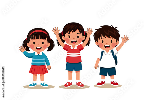 Three happy children waving their hands in greeting with joyful smiles on their faces standing together