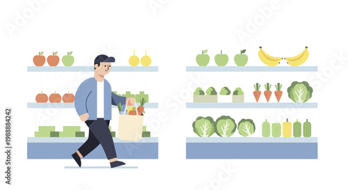 Man shopping for groceries in a supermarket aisle.