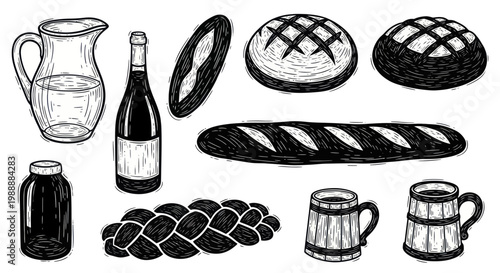 Rustic Hand-Drawn Collection of Bakery and Beverage Items.