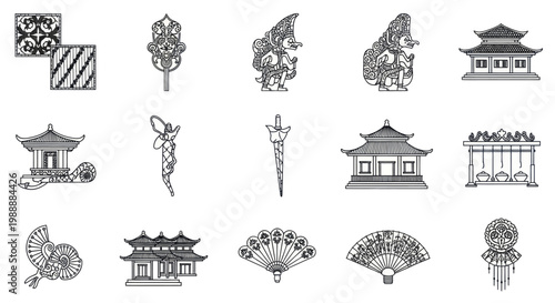 Traditional Asian Cultural Elements and Architectural Designs Collection.