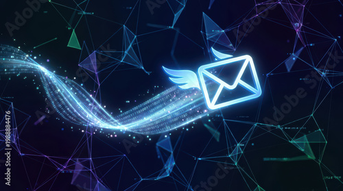 Glowing email icon with wings flying through digital network, symbolizing fast communication and data transfer in futuristic technology environment