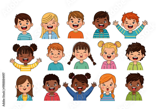 Diverse group of happy children waving with joyful expressions and colorful clothing on friendly faces
