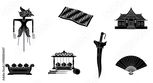 Traditional Indonesian Cultural Elements and Musical Instruments Collection.