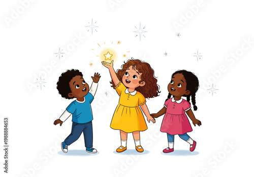 Diverse children playing together happily outdoors on a magical sparkly day with friends