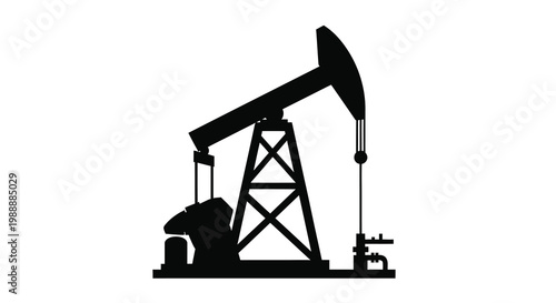 A stark silhouette of a classic oil pump also known as a nodding donkey against white