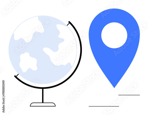 Global positioning, navigation tools, world travel, geography education, location services, international mapping. A globe beside a blue location marker. Global positioning and navigation tool