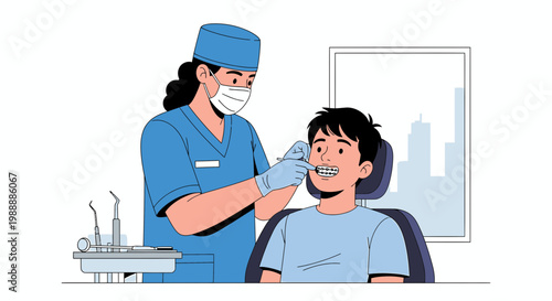 Dentist examining young boy's teeth in dental chair with tools, illustration