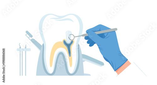 Dentist examining tooth with mirror and dental chair, dental care concept