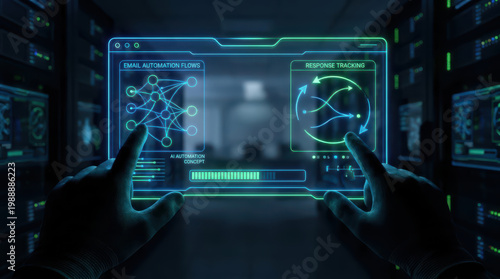AI automation email automation response tracking futuristic interface digital screen data visualization technology network hands interacting cyber innovation touchscreen hologram artificial