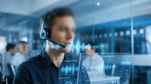 Voice command processing AI assistant headset man office technology communication call center customer microphone blurred background digital interface futuristic business professional male