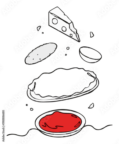 Chicken parmesan ingredients floating line art isola.... Generative AI