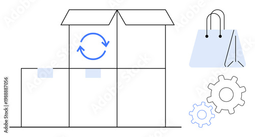 E-commerce, packaging, logistics, sustainability, automation, product delivery. Shipping boxes with recycling arrows, shopping bag and gear icons. E-commerce and packaging efficiency concept