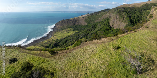 A scenic coastal path winds through lush green hills overlooking the turquoise ocean near Raglan  Waikato  New Zealand. The dramatic cliffs and dense forest showcase the natural beauty of the region.