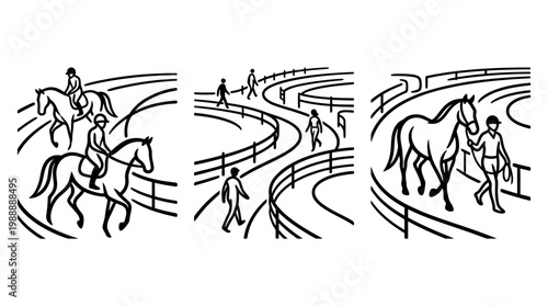 Equestrian Activities Depicted in Black and White Line Drawings.